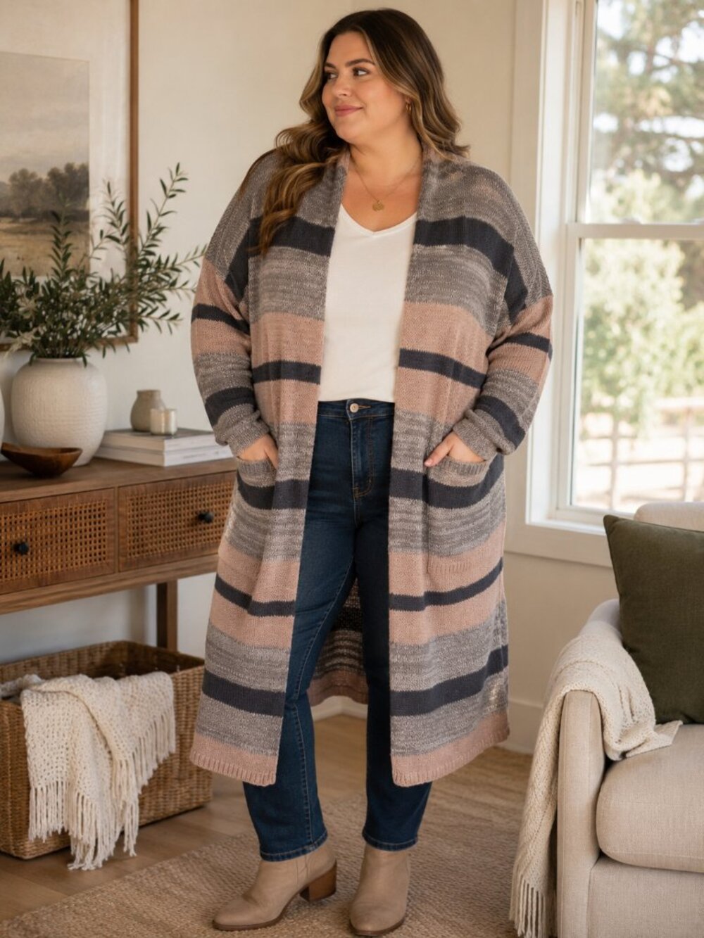 NWT Knox Rose Striped Long Cardigan Duster 2X Blush Gray Cozy Open Front Plus